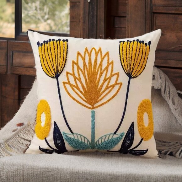 Floral Pillow Cover Embroidered Decorative Boho Decor Bohemian Accent Decoration - Picture 1 of 14